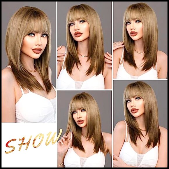 Synthetic Heat Resistant Wig with Bangs Layered Cut Shoulder Length Natural Look main image 5
